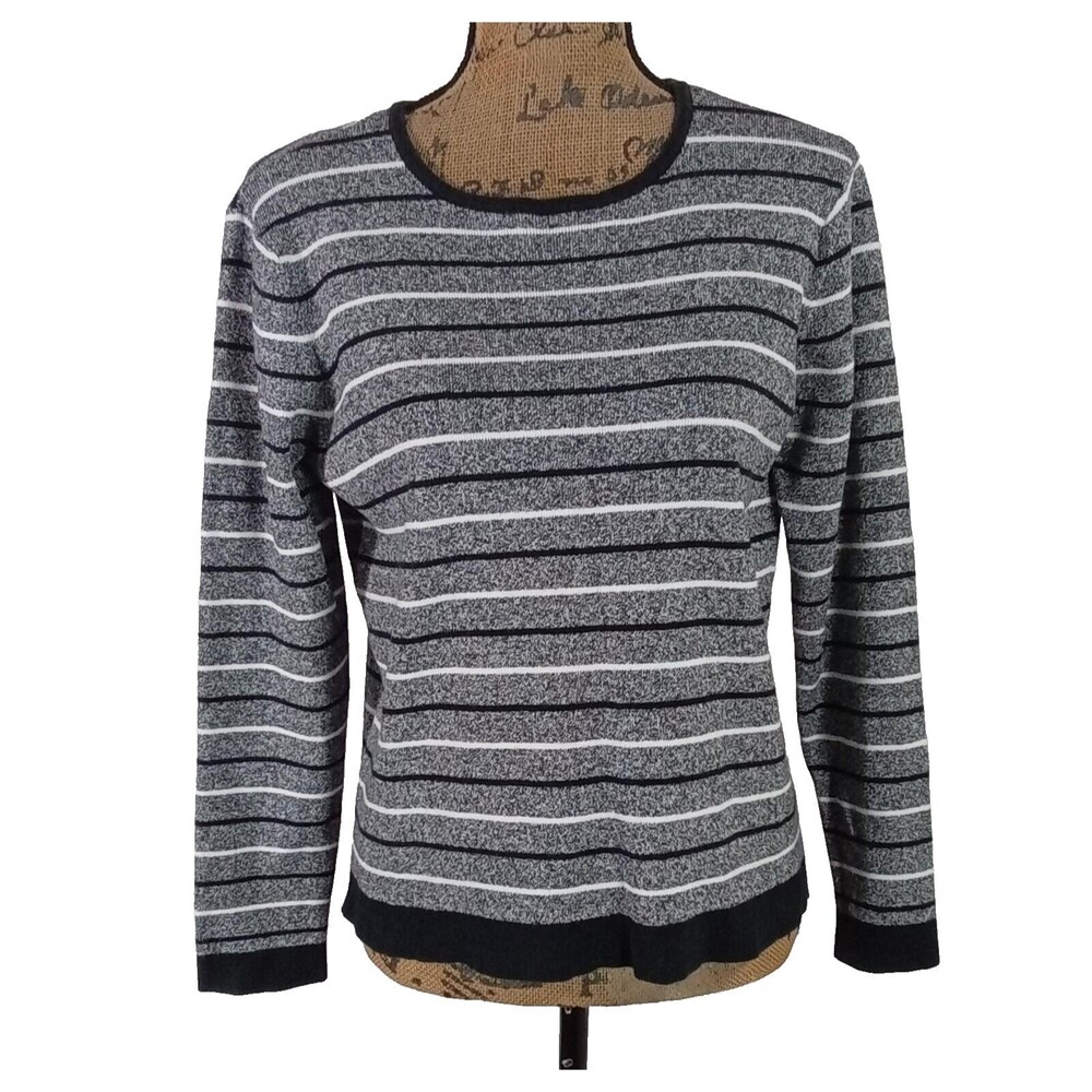 Talbots Sweater MEDIUM Black White Stripe Crewneck Knit‎ Stretch Pullover